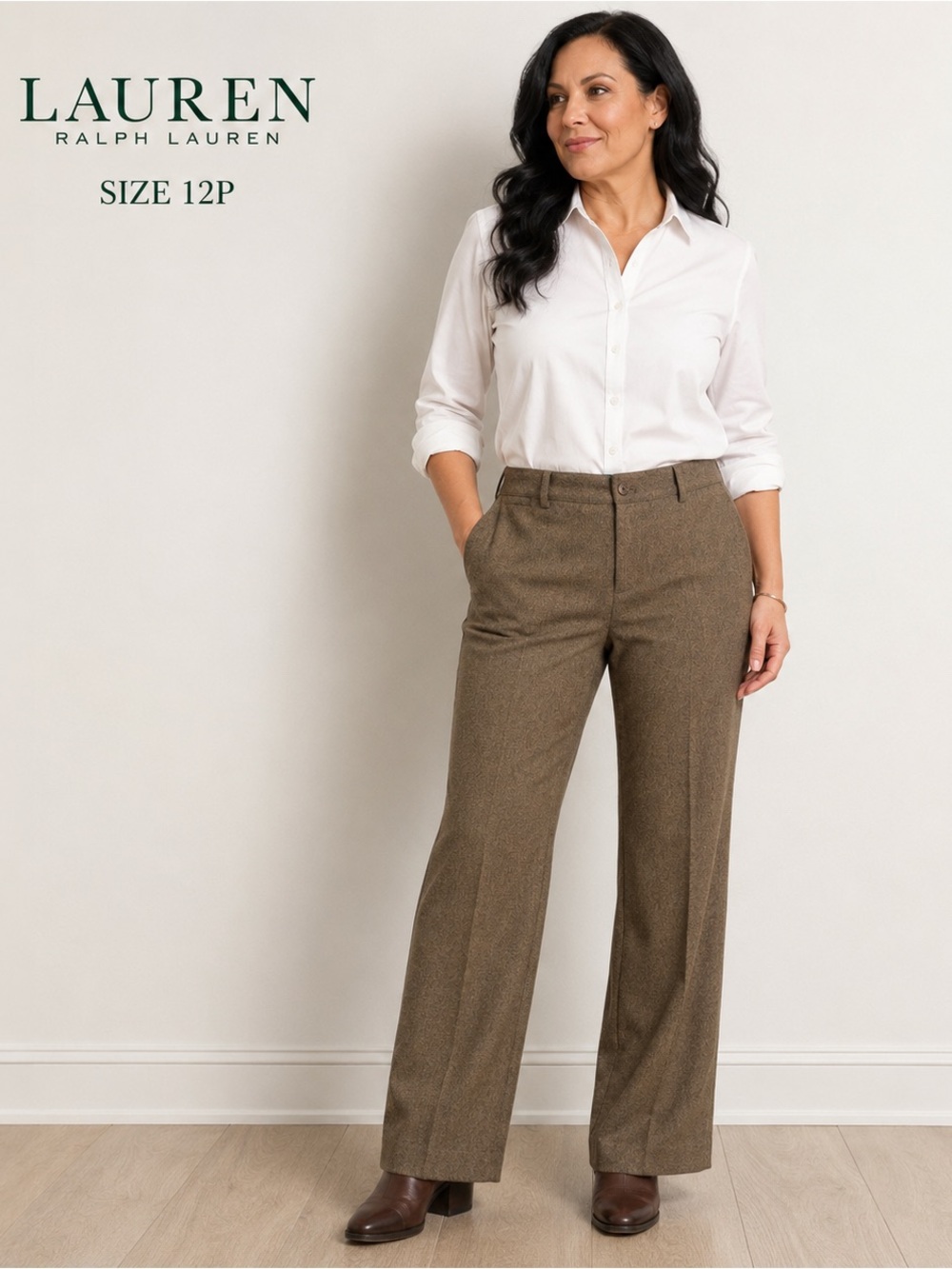 Lauren Ralph Lauren Petite Brown Wool Blend Wide Leg Dress Pants Size 12P